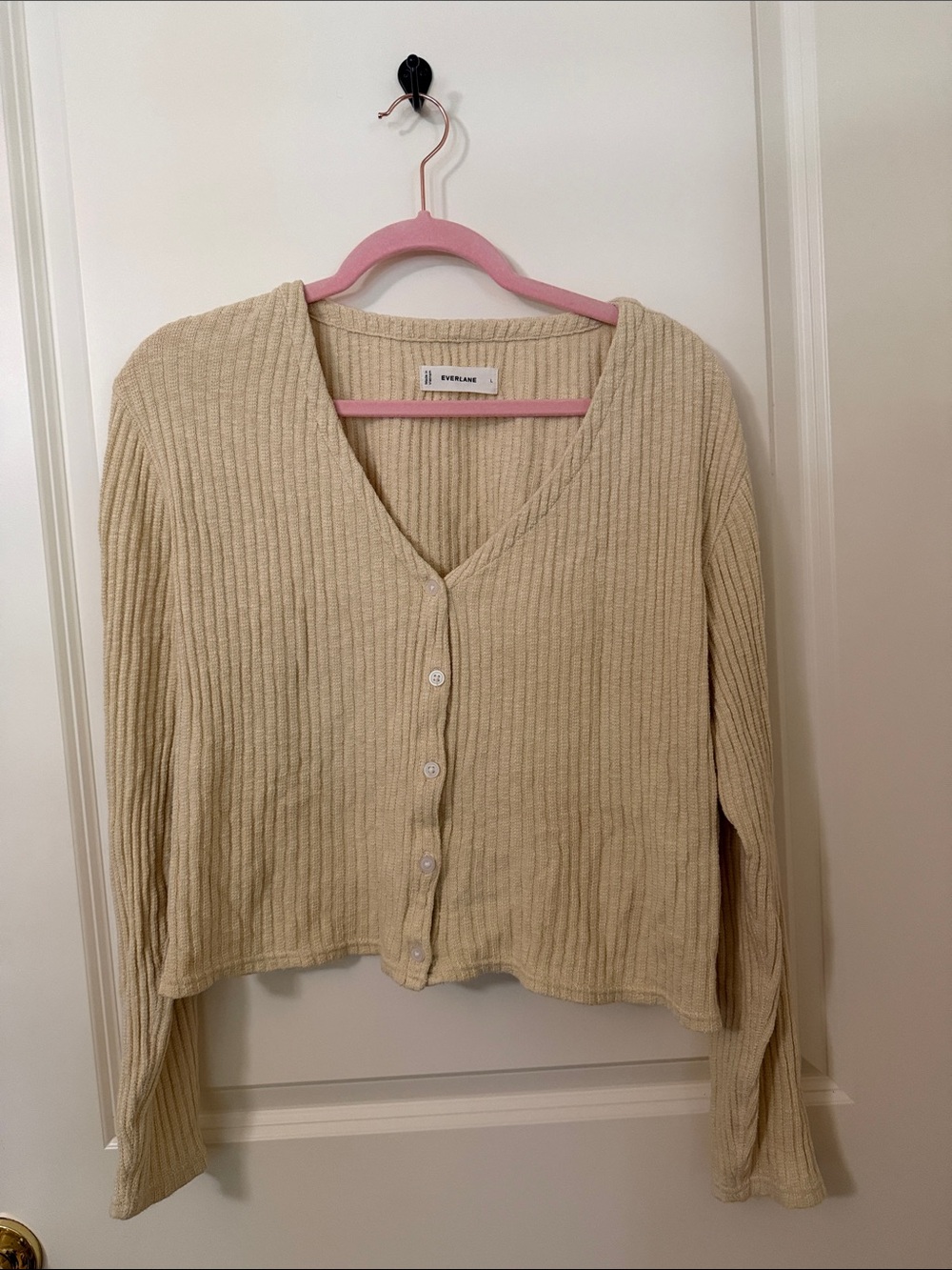 Everlane Organic Cotton Ribbed V-Neck Cardigan Cream Size L